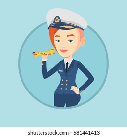 Young caucasian pilot holding a model of airplane in hand. Cheerful airline pilot in uniform. Smiling pilot with model of airplane. Vector flat design illustration in the circle isolated on background