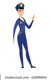 Young caucasian policewoman waving her hand. Full length of policewoman waving her hand. Policewoman making greeting gesture - waving hand. Vector flat design illustration isolated on white background