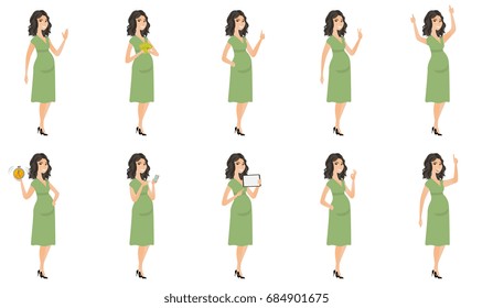 Young caucasian pregnant woman set. Pregnant woman waving hand, holding money, tablet computer, alarm clock, giving thumb up. Set of vector flat design illustrations isolated on white background.