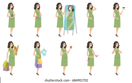 Young caucasian pregnant woman set. Pregnant woman suffering from contractions, looking in the mirror, breaking the cigarette. Set of vector flat design illustrations isolated on white background.