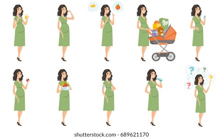 Young caucasian pregnant woman set. Pregnant woman choosing between cupcake and apple, pushing baby pram, listening to music. Set of vector flat design illustrations isolated on white background.