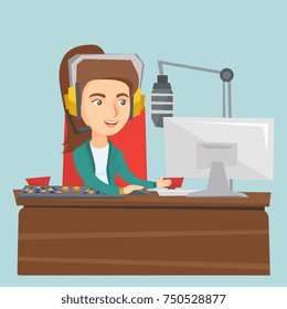 Young caucasian radio host working in front of microphone, computer and mixing console at radio studio. Radio host in headset working at radio studio. Vector cartoon illustration. Square layout.