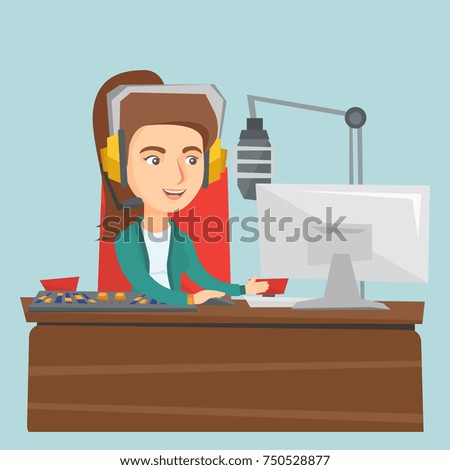 Vector Young caucasian radio host working in front of microphone, computer and mixing console at radio studio. Radio host in headset working at radio studio. Vector cartoon illustration. Square layout.