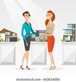 Young caucasian realtor shaking hand to a customer after real estate deal in office. Conclusion of real estate deal between realtor and buyer. Vector Vector flat design illustration. Square layout.