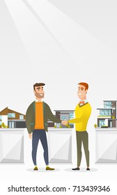Young caucasian realtor shaking hand to a customer after real estate deal in office. Conclusion of real estate deal between realtor and buyer. Vector Vector flat design illustration. Vertical layout.