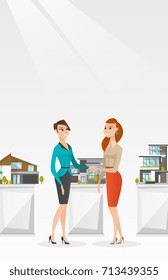 Young caucasian realtor shaking hand to a customer after real estate deal in office. Conclusion of real estate deal between realtor and buyer. Vector Vector flat design illustration. Vertical layout.
