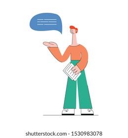 A young caucasian red haired man in pants and a sweater stands with text in his hands. Video marketing web concept, isolated vector flat illustration on white background.