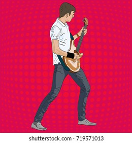 Young caucasian rock guitarist playing electric guitar. Creative man, musician. Realistic vector illustration.