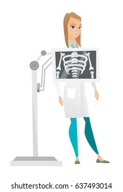 Young caucasian roentgenologist doctor during chest x ray procedure. Female roentgenologist doctor with x ray screen showing her skeleton. Vector flat design illustration isolated on white background.