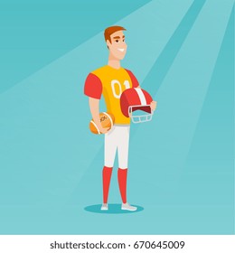 Young caucasian rugby player holding a ball and a helmet in hands. Full length of rugby player in uniform. Sport and leisure concept. Vector flat design illustration. Square layout.