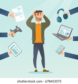 Young caucasian scared man clutching head and many hands with gadgets around him. Man in despair surrounded by gadgets. Man using many electronic gadgets. Vector cartoon illustration. Square layout.