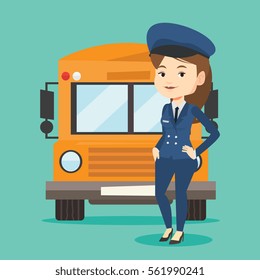 Young caucasian school driver standing in front of yellow bus. Smiling female school bus driver in uniform. Cheerful female school bus driver. Vector flat design illustration. Square layout.