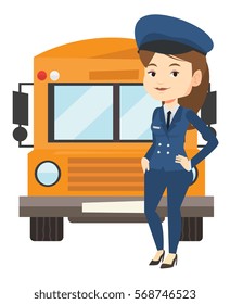 Young caucasian school driver standing in front of yellow bus. Female school bus driver in uniform. Cheerful female school bus driver. Vector flat design illustration isolated on white background.