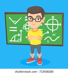 Young caucasian schoolboy in glasses standing in front of classroom blackboard. Schoolboy standing with crossed arms on the background of blackboard. Vector sketch cartoon illustration. Square layout.