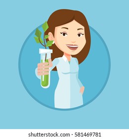 Young caucasian scientist analyzing young sprout in test tube. Laboratory assistant in medical gown holding test tube with sprout. Vector flat design illustration in the circle isolated on background.