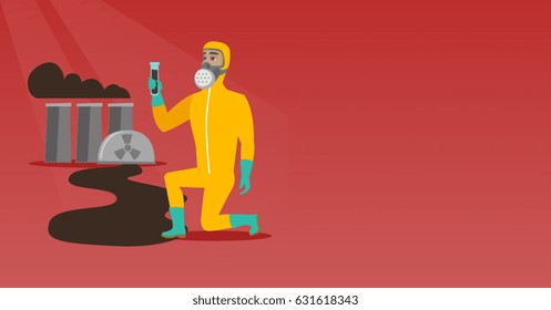 Young caucasian scientist in gas mask and radiation protective suit holding a test-tube with black liquid on the background of nuclear power plant. Vector flat design illustration. Horizontal layout.