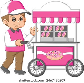 Young caucasian seller standing with donut cart of illustration
