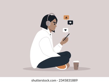 A young Caucasian slouching character scrolling newsfeed on their phone