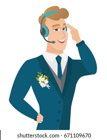 Young caucasian smiling groom in headset with microphone. Cheerful groom using headset with microphone. Vector flat design illustration isolated on white background.