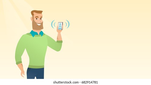 Young caucasian smiling man holding ringing mobile phone. Happy man answering a phone call. Hipster man with beard showing a ringing phone in hand. Vector cartoon illustration. Horizontal layout.