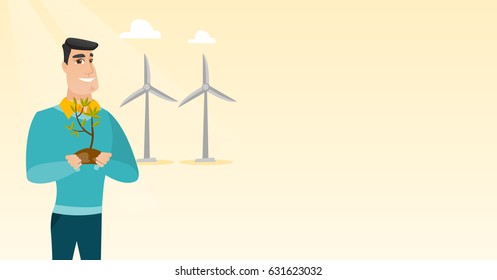 Joven caucásico sonriente trabajador de la granja eólica. Hombre con las manos de una pequeña planta verde en el suelo sobre el fondo de las turbinas eólicas. Concepto de energía verde. Ilustración de diseño plana vectorial. Diseño horizontal