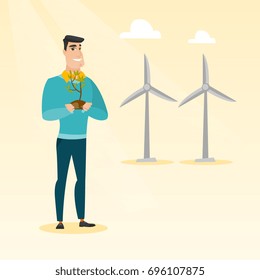 Junge, kaukasische lächelnde Arbeiter der Windfarm. Mann, der eine grüne kleine Pflanze im Boden in Händen hält, auf dem Hintergrund von Windturbinen. Konzept der grünen Energie. Vektorflache Design-Illustration. Quadratisches Layout.