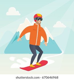 Young caucasian sportsman snowboarding on the background of snow capped mountains. Hipster snowboarder snowboarding on the piste in the mountains. Vector flat design illustration. Square layout.