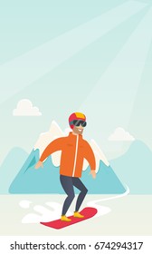 Young caucasian sportsman snowboarding on the background of snow capped mountains. Hipster snowboarder snowboarding on the piste in the mountains. Vector flat design illustration. Vertical layout.