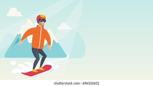 Young caucasian sportsman snowboarding on the background of snow capped mountains. Hipster snowboarder snowboarding on the piste in the mountains. Vector flat design illustration. Horizontal layout.