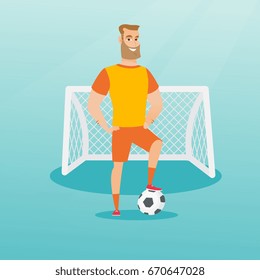 Young caucasian sportsman standing with a football ball on the background of football gate. Football player standing with a soccer ball on the field. Vector flat design illustration. Square layout.