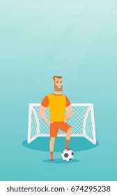 Young caucasian sportsman standing with a football ball on the background of football gate. Football player standing with a soccer ball on the field. Vector flat design illustration. Vertical layout.