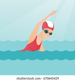 Young caucasian sportswoman in a cap and glasses swimming in the pool. Professional sportswoman swimming the front crawl. Sport and leisure concept. Vector flat design illustration. Square layout.