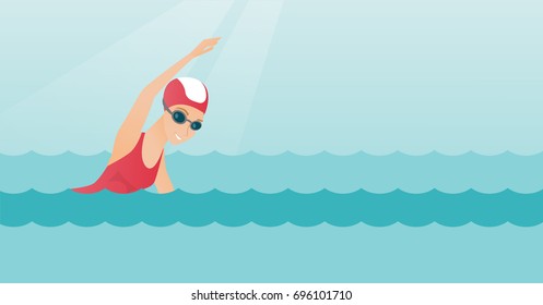 Young caucasian sportswoman in a cap and glasses swimming in the pool. Professional sportswoman swimming the front crawl. Sport and leisure concept. Vector flat design illustration. Horizontal layout.