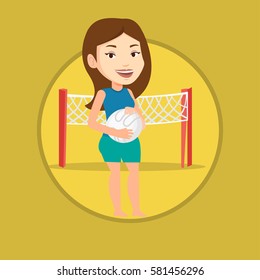 Young caucasian sportswoman holding volleyball ball in hands. Beach volleyball player standing on the background of volleyball net. Vector flat design illustration in the circle isolated on background