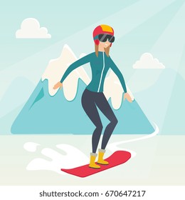 Young caucasian sportswoman snowboarding on the background of snow capped mountains. Snowboarder snowboarding on the piste in the mountains. Vector flat design illustration. Square layout.