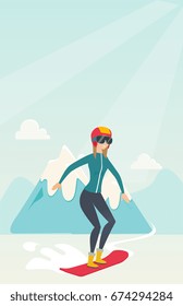 Young caucasian sportswoman snowboarding on the background of snow capped mountains. Snowboarder snowboarding on the piste in the mountains. Vector flat design illustration. Vertical layout.