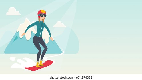 Young caucasian sportswoman snowboarding on the background of snow capped mountains. Snowboarder snowboarding on the piste in the mountains. Vector flat design illustration. Horizontal layout.