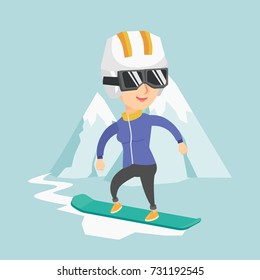 Young caucasian sportswoman snowboarding on the background of snow capped mountains. Snowboarder snowboarding on the piste in the mountains. Vector cartoon illustration. Square layout.