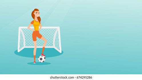 Young caucasian sportswoman standing with a football ball on the background of football gate. Football player standing with soccer ball on the field. Vector flat design illustration. Horizontal layout