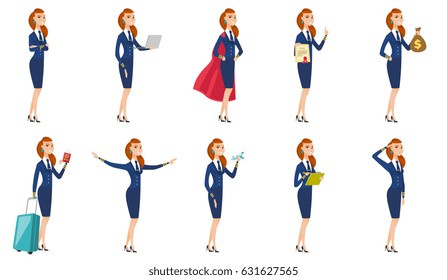 Young caucasian stewardess with arms outstretched. Full length of stewardess in uniform gesturing her outstretched arms as a plane. Set of vector flat design illustrations isolated on white background