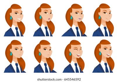 Young caucasian stewardess laughing. Stewardess laughing with closed eyes and open mouth. Set of stewardess with different emotions. Vector flat design illustrations isolated on white background.