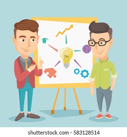 Young caucasian student explaining a project to professor. Group of students working on a project. Smart student drawing a project on a whiteboard. Vector flat design illustration. Square layout.