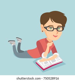 Young caucasian student laying on the floor and reading a book. Student lying on the floor with a book and preparing for the exam. Concept of education. Vector cartoon illustration. Square layout.