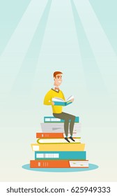 Young caucasian student sitting on huge pile of books. Happy student in suit reading book. Smiling man sitting on stack of books with book in hands. Vector flat design illustration. Vertical layout.