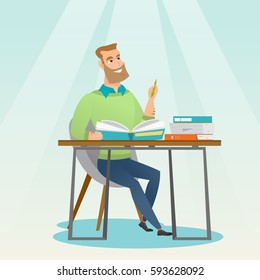 Young caucasian student sitting at the table and thinking. Thinking student writing in exercise book. Thinking smiling student doing homework. Vector flat design illustration. Square layout.