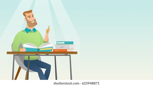 Young caucasian student sitting at the table and thinking. Thinking student writing in exercise book. Thinking smiling student doing homework. Vector flat design illustration. Horizontal layout.