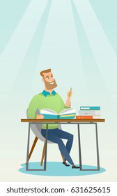 Joven estudiante caucásico sentada a la mesa y pensando. Pensando en escribir un estudiante en un libro de ejercicios. Pensando en un estudiante sonriente haciendo los deberes. Ilustración de diseño plana vectorial. Diseño vertical.