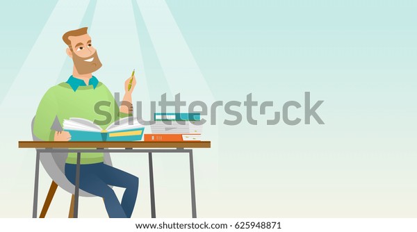テーブルに座って考える白人の若い学生 練習本で書く考え子 笑顔の学生が宿題をやると思って ベクターフラットデザインイラスト 水平レイアウト のベクター画像素材 ロイヤリティフリー