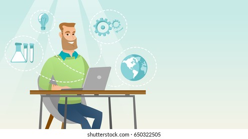 Young caucasian student using laptop for education. Hipster student sitting at the table and working on a laptop. Concept of educational technology. Vector flat design illustration. Horizontal layout.