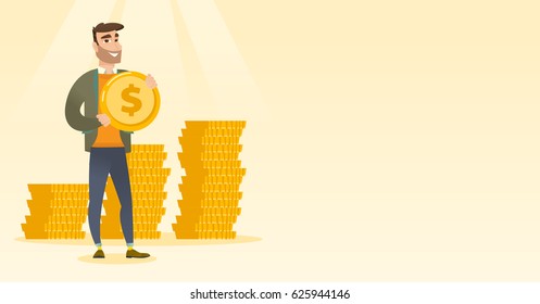 Young caucasian successful businessman with dollar golden coin in hands. Successful business man holding golden coin. Concept of success in business. Vector flat design illustration. Horizontal layout